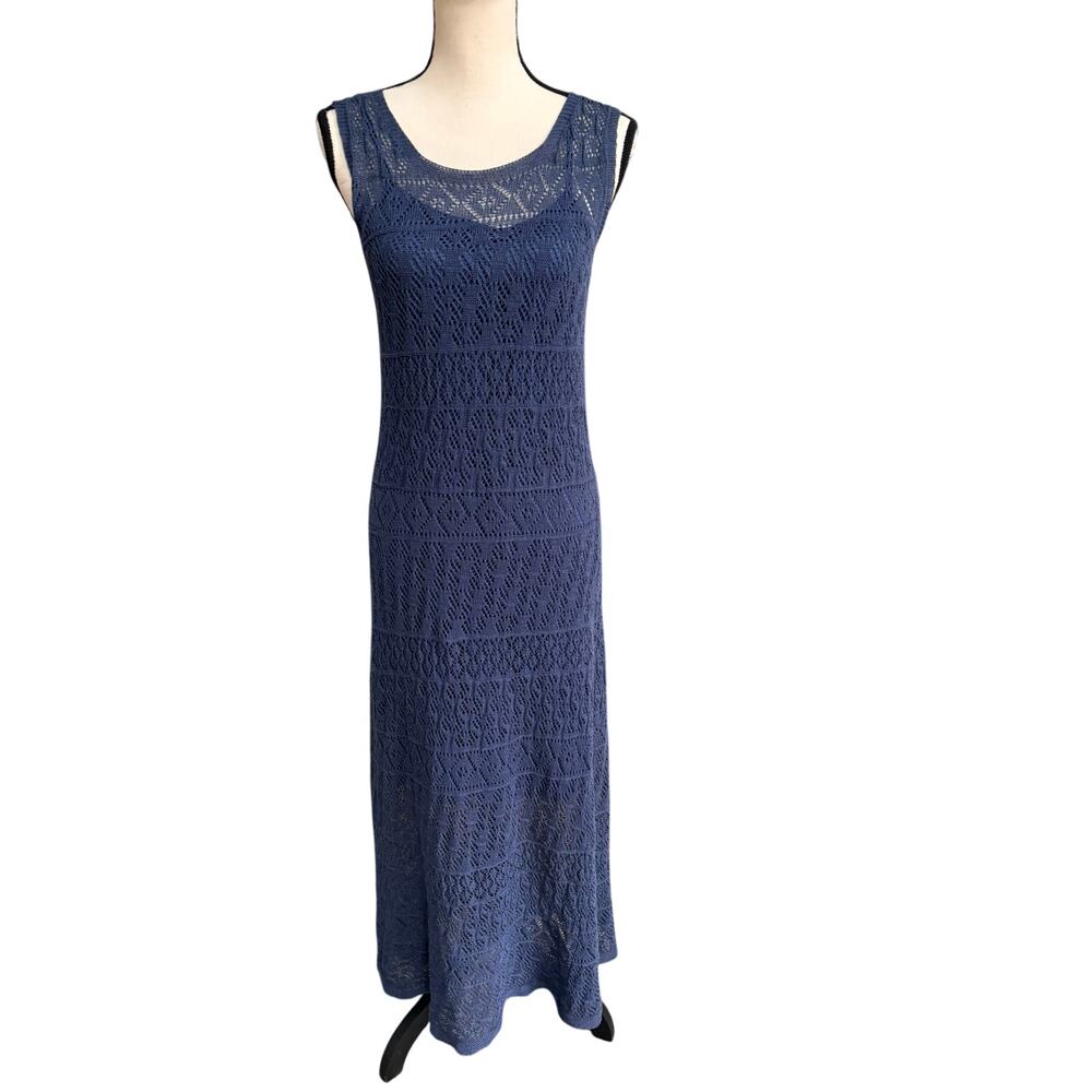 Eleventy Italy Women's Blue Crochet Knit Maxi Dress Sheer Overlay Medium $595